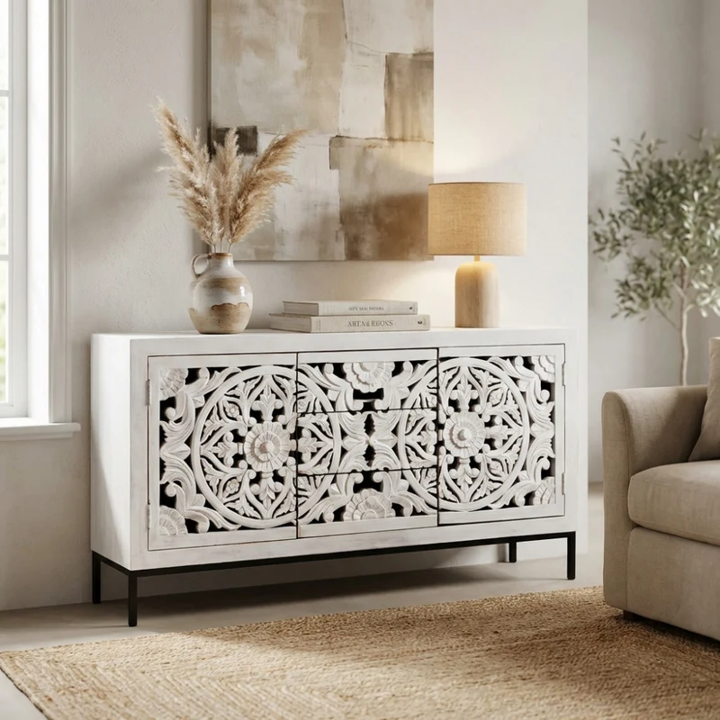 Mobile "Cooper" con decoro sbiancato con 2 ante e 3 cassetti in legno di mango con struttura in ferro, 150 x 40 x 80 h cm