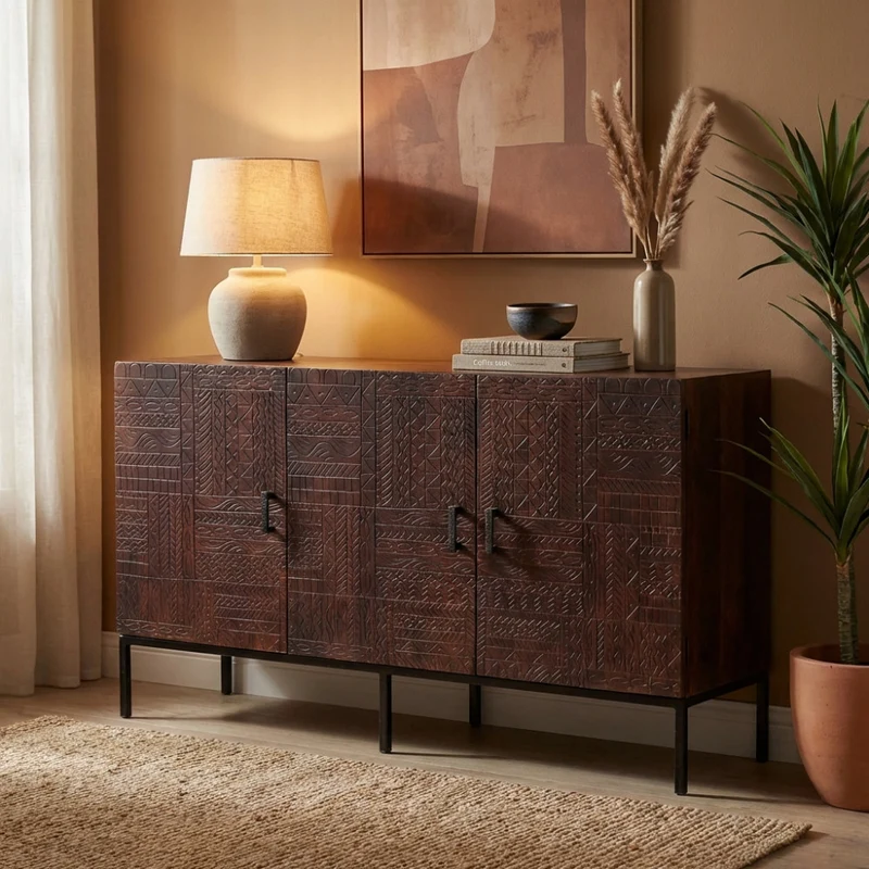 Mobile "Elvis" con decoro wengé con 3 ante in legno di mango con struttura in ferro, 150 x 40 x 85 h cm