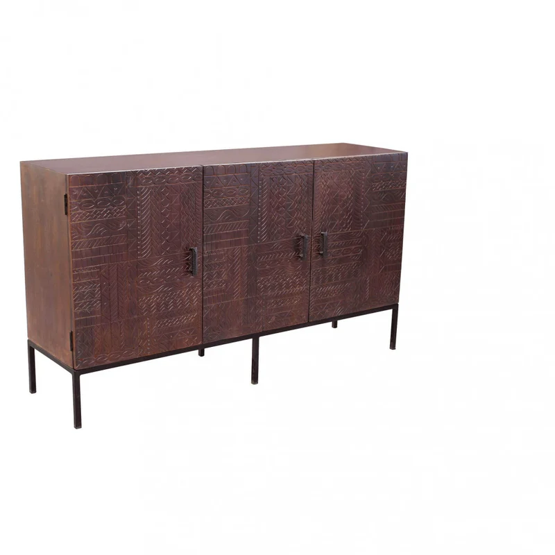 Mobile "Elvis" con decoro wengé con 3 ante in legno di mango con struttura in ferro, 150 x 40 x 85 h cm