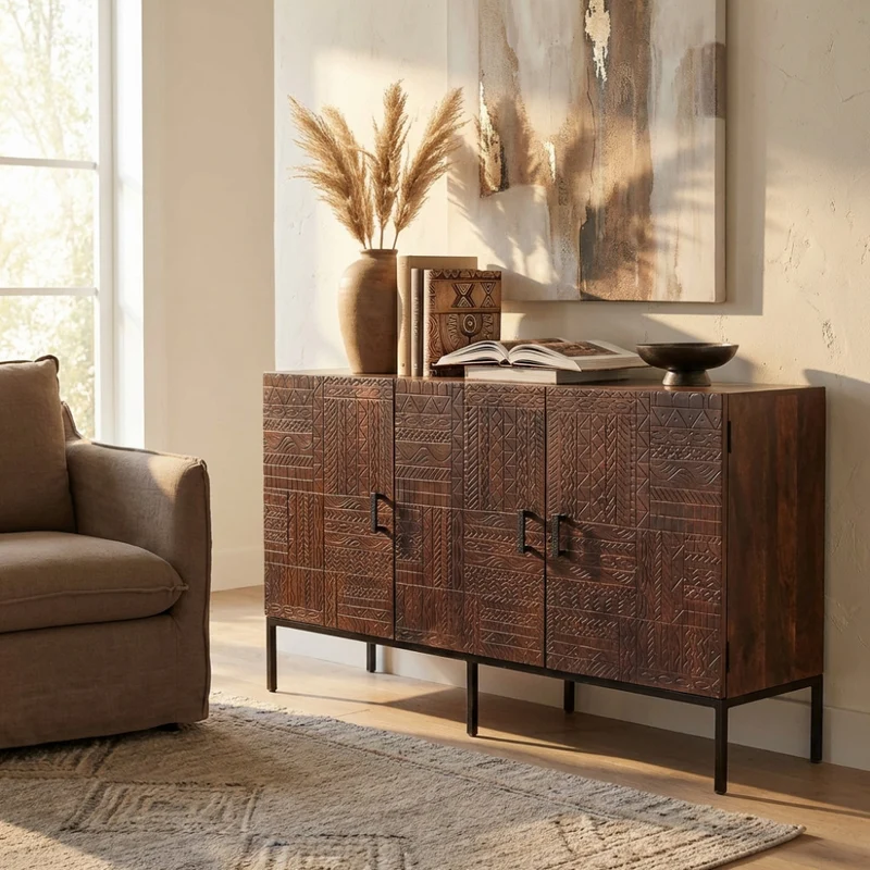 Mobile "Elvis" con decoro wengé con 3 ante in legno di mango con struttura in ferro, 150 x 40 x 85 h cm