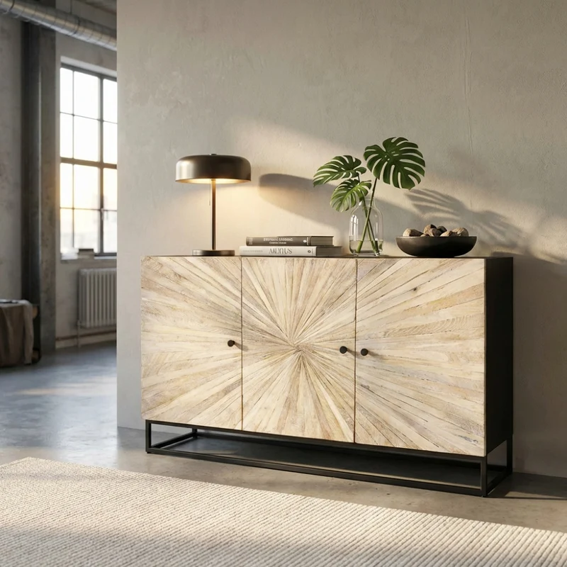 Mobile "Spencer" con decoro naturale con 3 ante in legno di mango con struttura in ferro, 150 x 40 x 85 h cm