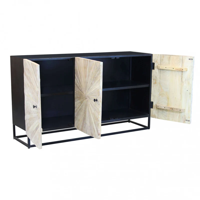 Mobile "Spencer" con decoro naturale con 3 ante in legno di mango con struttura in ferro, 150 x 40 x 85 h cm