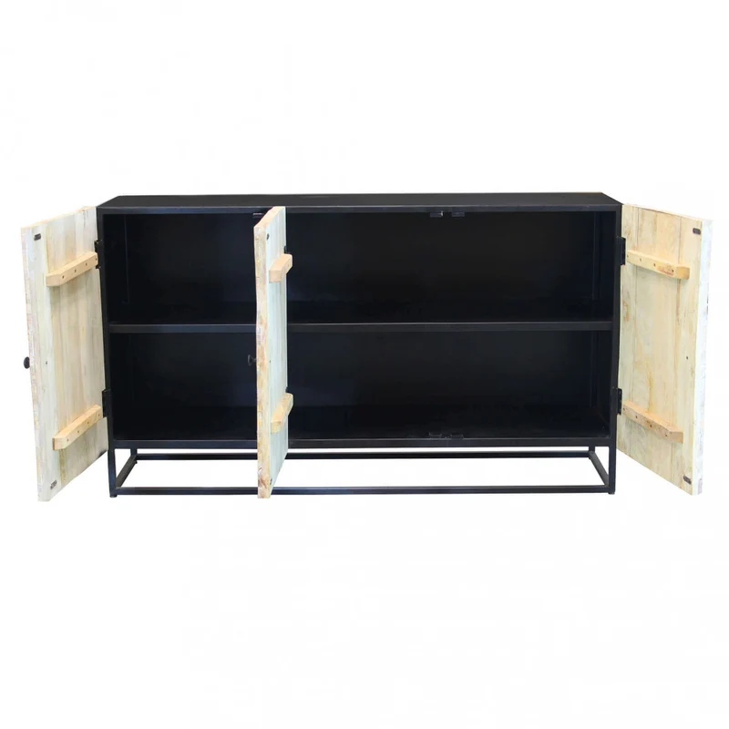 Mobile "Spencer" con decoro naturale con 3 ante in legno di mango con struttura in ferro, 150 x 40 x 85 h cm
