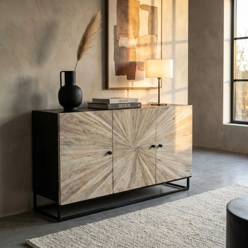 Mobile "Spencer" con decoro naturale con 3 ante in legno di mango con struttura in ferro, 150 x 40 x 85 h cm
