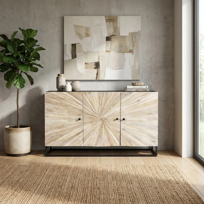 Mobile "Spencer" con decoro naturale con 3 ante in legno di mango con struttura in ferro, 150 x 40 x 85 h cm