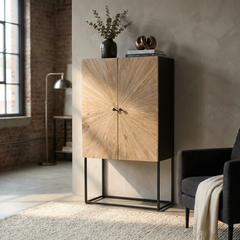 Mobile "Judd" con decoro naturale con 4 ante in legno di mango con struttura in ferro, 90 x 40 x 160 h cm