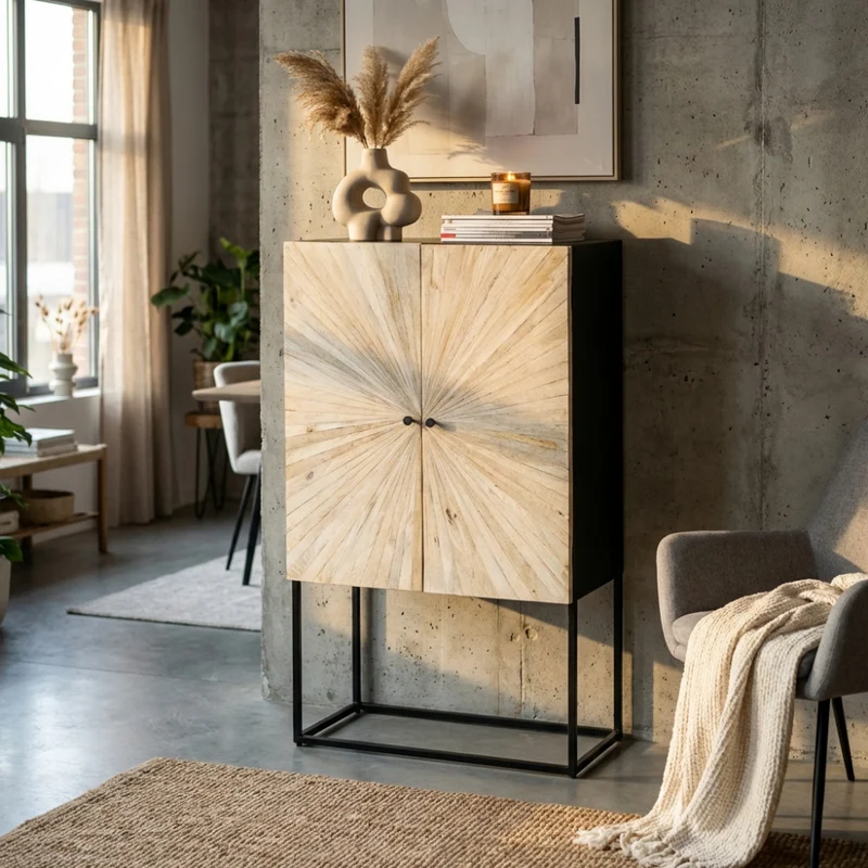 Mobile "Judd" con decoro naturale con 4 ante in legno di mango con struttura in ferro, 90 x 40 x 160 h cm