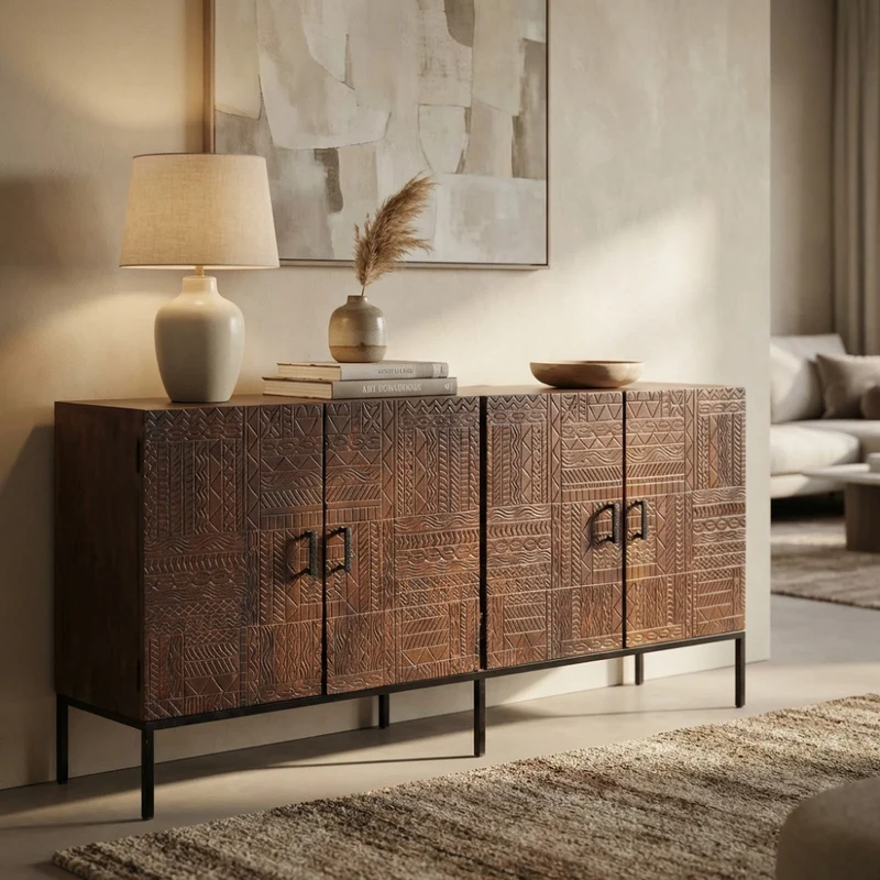 Mobile "Hank" con decoro wengé con 4 ante in legno di mango con struttura in ferro, 180 x 40 x 85 h cm