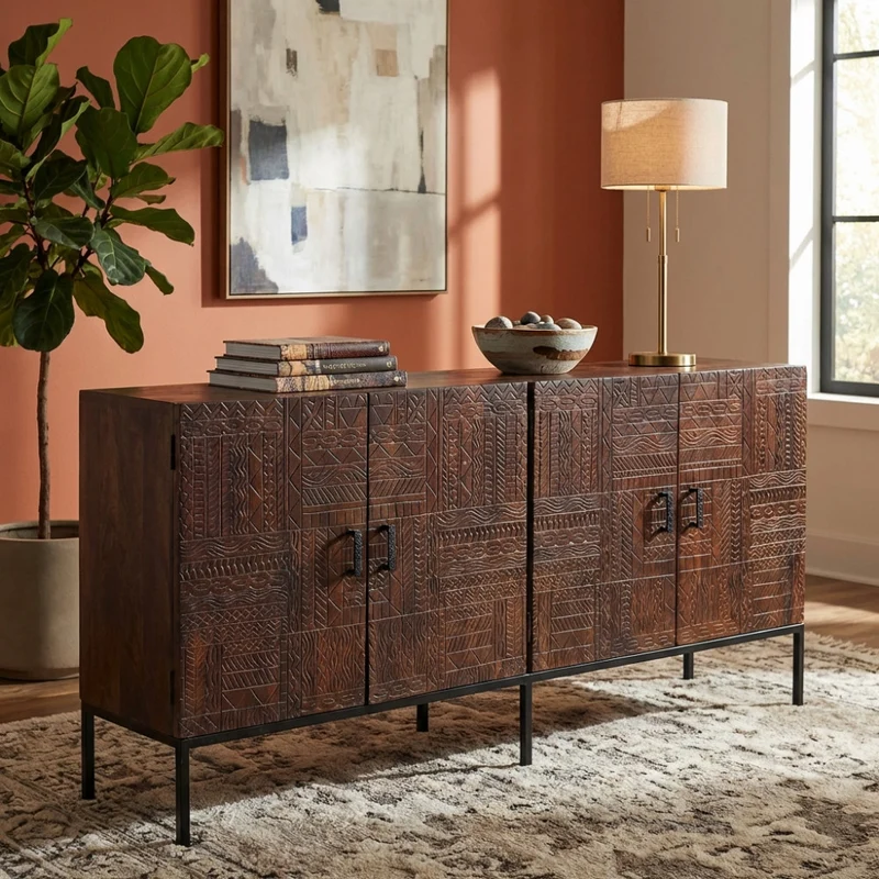 Mobile "Hank" con decoro wengé con 4 ante in legno di mango con struttura in ferro, 180 x 40 x 85 h cm