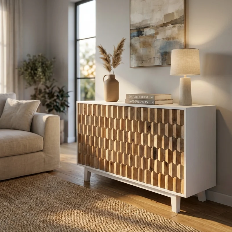 Mobile "Archie" con 3 ante con decoro color naturale, 135 x 45 x 80 h cm