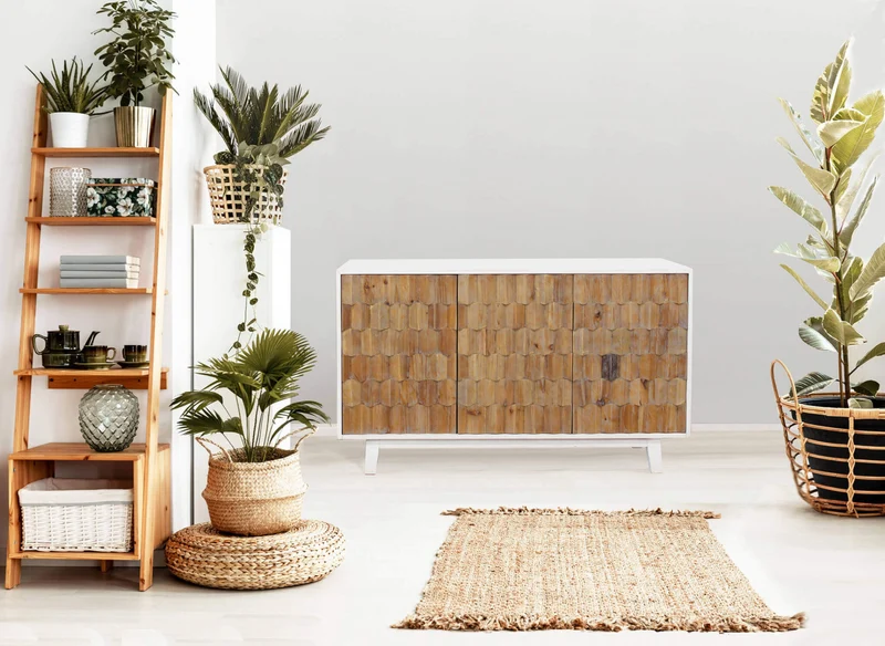 Mobile "Archie" con 3 ante con decoro color naturale, 135 x 45 x 80 h cm