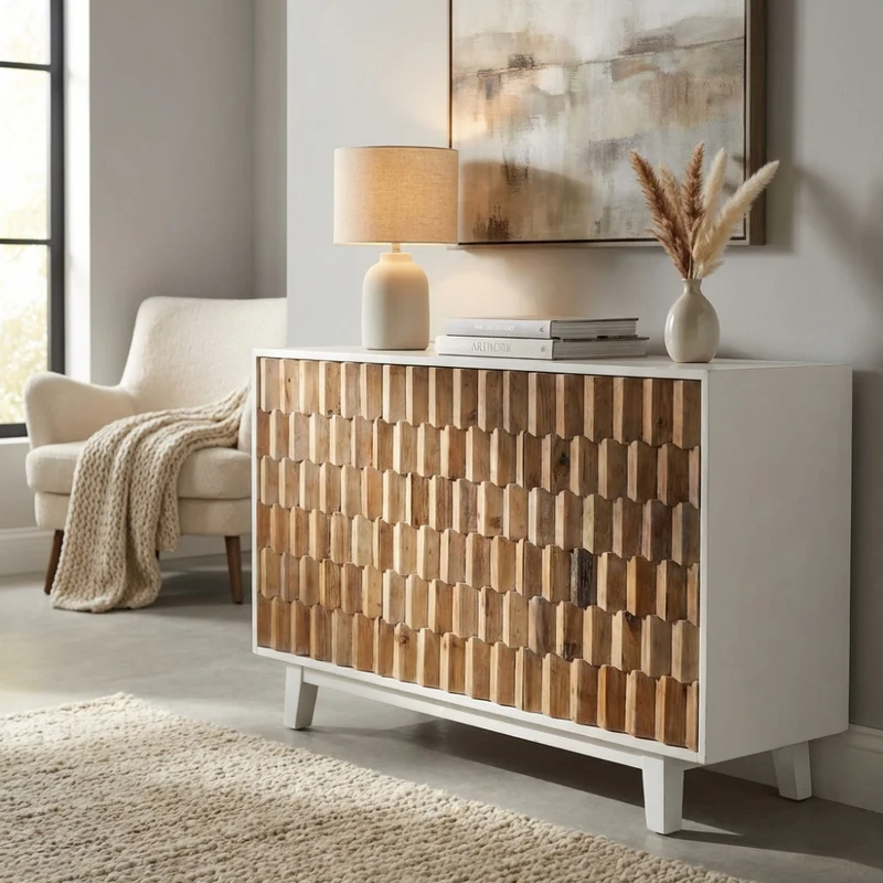 Mobile "Archie" con 3 ante con decoro color naturale, 135 x 45 x 80 h cm