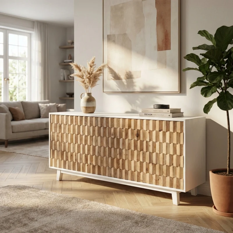 Mobile "Antwan" con 4 ante con decoro color naturale, 180 x 45 x 80 h cm