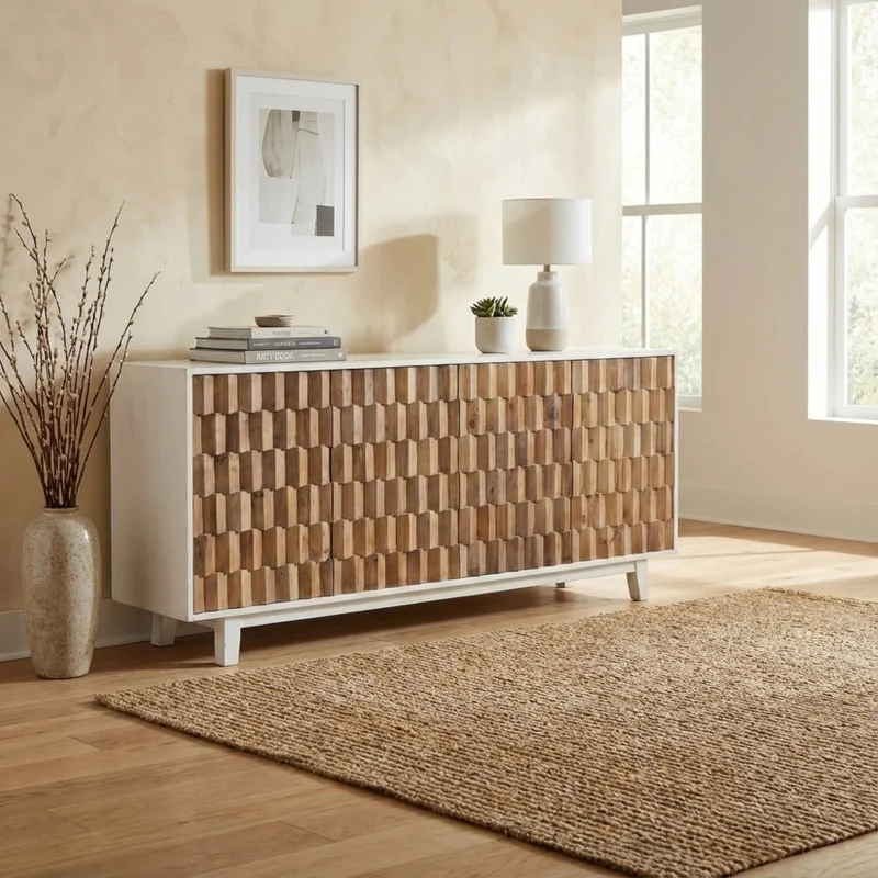 Mobile "Antwan" con 4 ante con decoro color naturale, 180 x 45 x 80 h cm