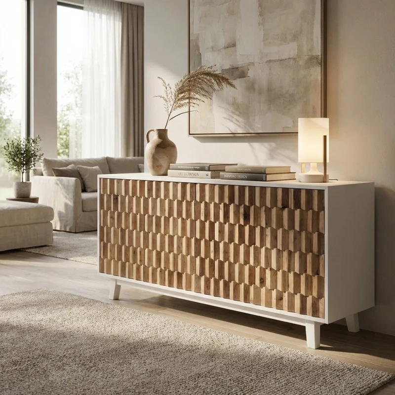Mobile "Antwan" con 4 ante con decoro color naturale, 180 x 45 x 80 h cm