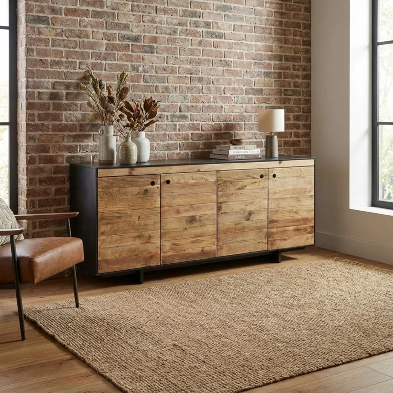 Mobile "Eldred" con 4 ante in legno di pino riciclato naturale e nero, 180 x 48 x 76 h cm