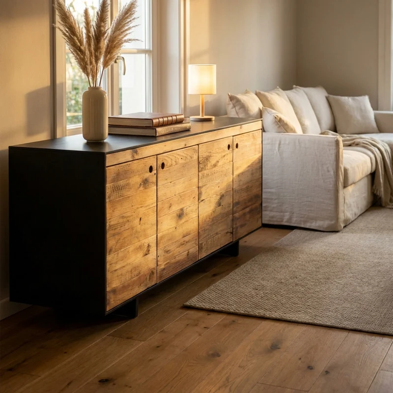Mobile "Eldred" con 4 ante in legno di pino riciclato naturale e nero, 180 x 48 x 76 h cm