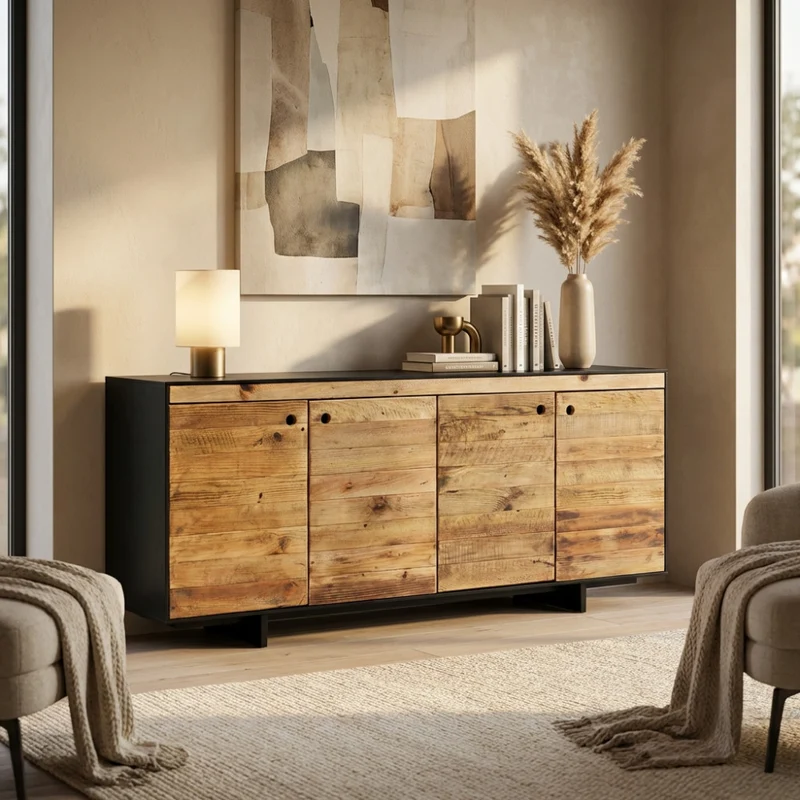 Mobile "Eldred" con 4 ante in legno di pino riciclato naturale e nero, 180 x 48 x 76 h cm