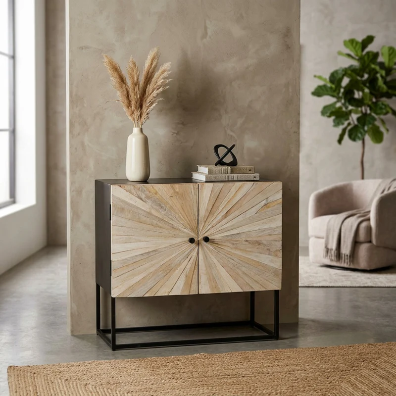 Mobile "Samuel" con decoro naturale con 2 ante in legno di mango con struttura in ferro, 85 x 40 x 80 h cm