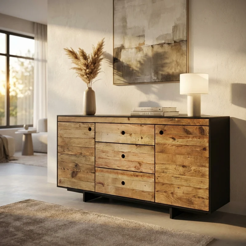 Mobile "Devin" con 3 cassetti e 2 ante in legno di pino riciclato naturale e nero, 150 x 48 x 76 h cm