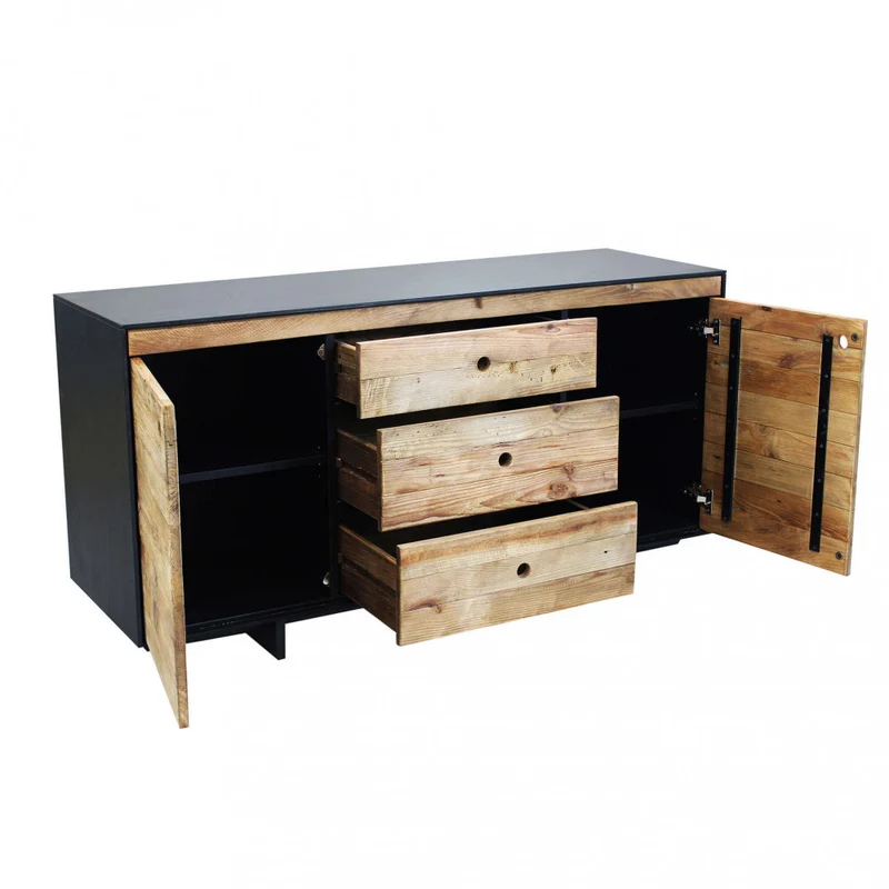 Mobile "Devin" con 3 cassetti e 2 ante in legno di pino riciclato naturale e nero, 150 x 48 x 76 h cm