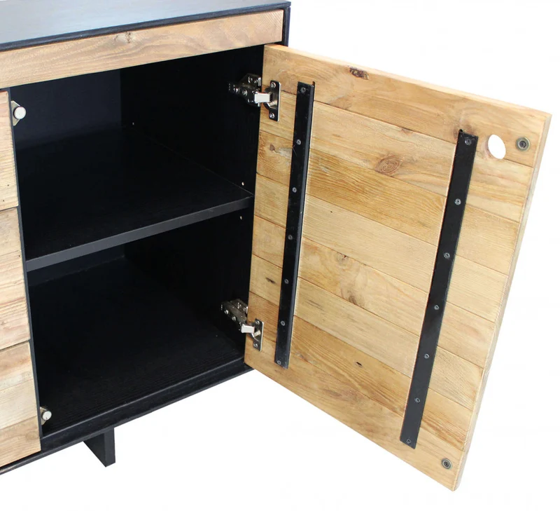 Mobile "Devin" con 3 cassetti e 2 ante in legno di pino riciclato naturale e nero, 150 x 48 x 76 h cm