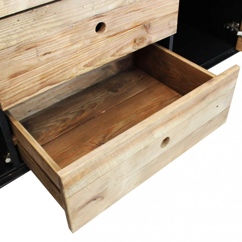 Mobile "Devin" con 3 cassetti e 2 ante in legno di pino riciclato naturale e nero, 150 x 48 x 76 h cm