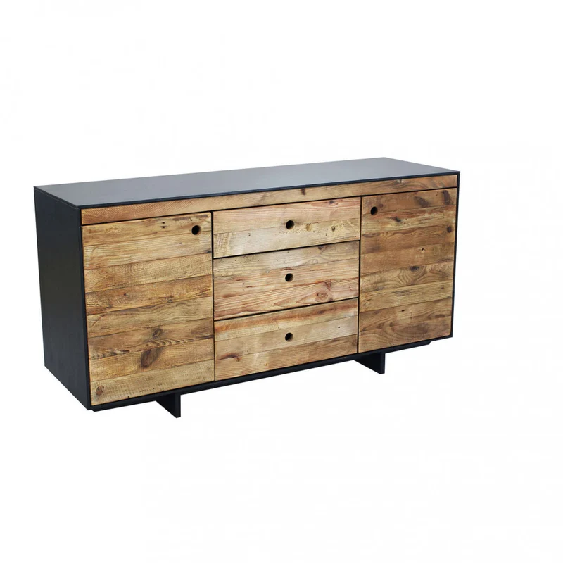 Mobile "Devin" con 3 cassetti e 2 ante in legno di pino riciclato naturale e nero, 150 x 48 x 76 h cm