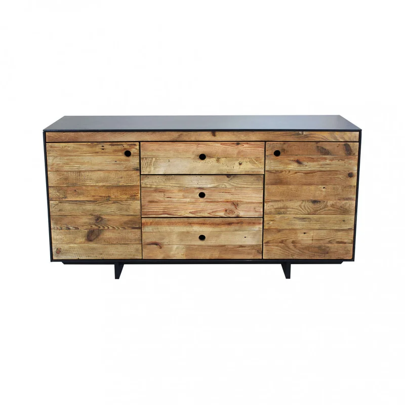 Mobile "Devin" con 3 cassetti e 2 ante in legno di pino riciclato naturale e nero, 150 x 48 x 76 h cm