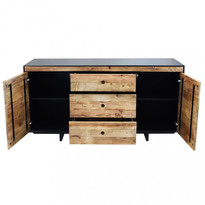 Mobile "Devin" con 3 cassetti e 2 ante in legno di pino riciclato naturale e nero, 150 x 48 x 76 h cm