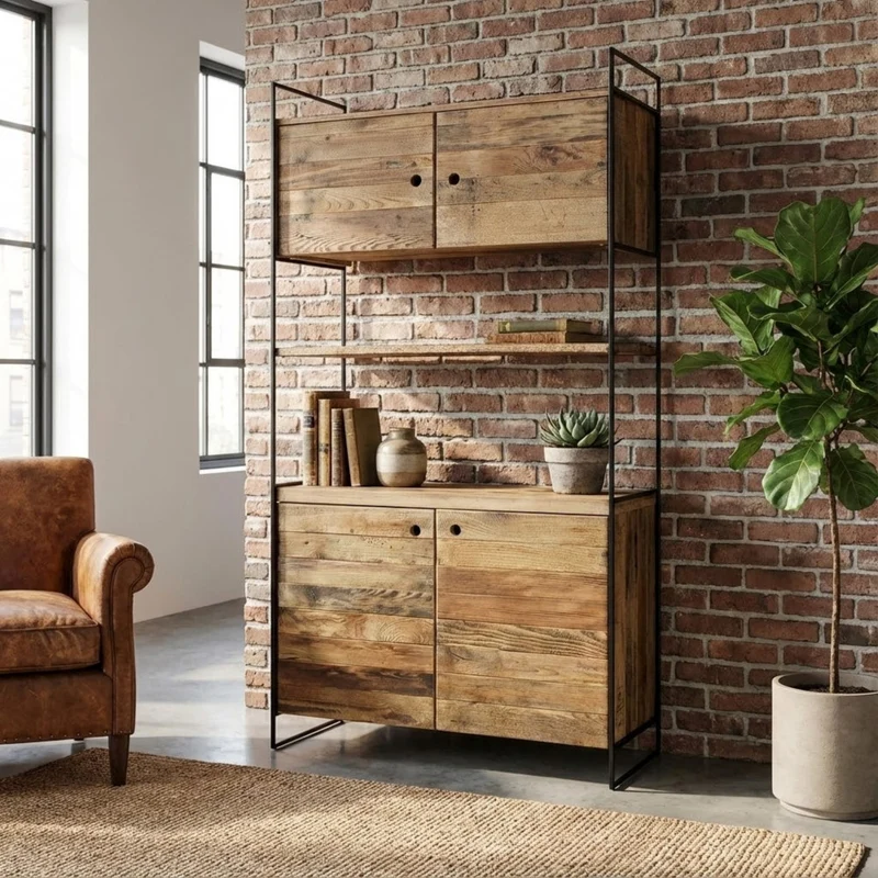 Mobile "Dennis" con 2 ripiani e 4 ante i legno di pino riciclato, 99 x 40 x 190 h cm