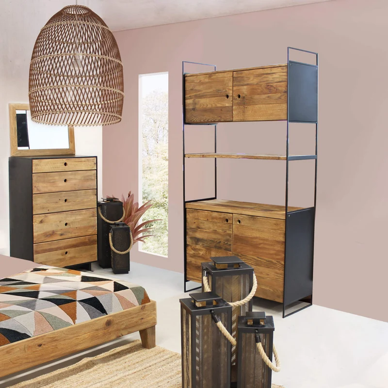 Mobile "Dennis" con 2 ripiani e 4 ante i legno di pino riciclato, 99 x 40 x 190 h cm