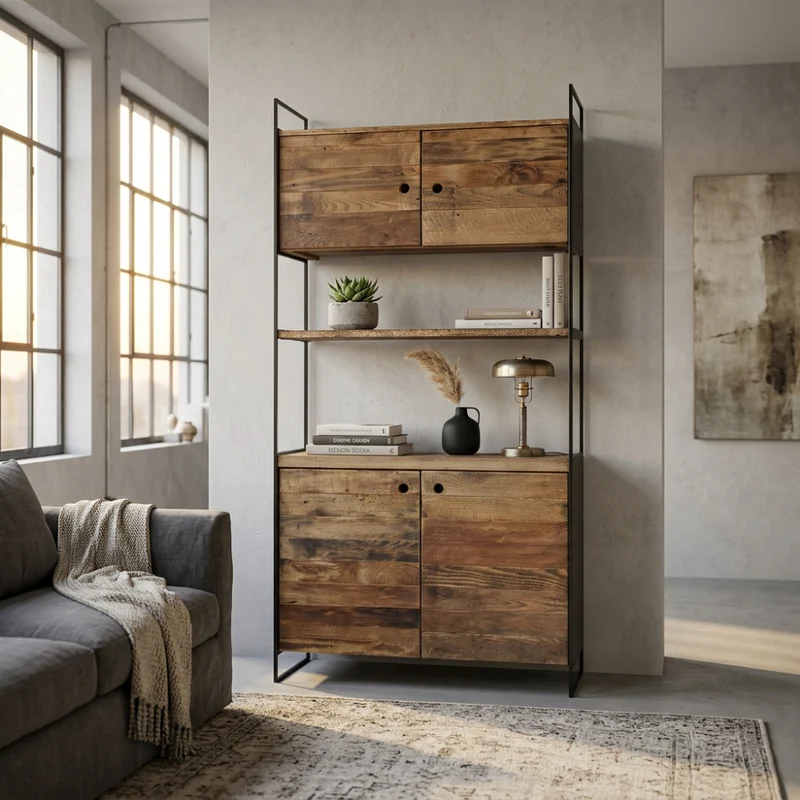 Mobile "Dennis" con 2 ripiani e 4 ante i legno di pino riciclato, 99 x 40 x 190 h cm