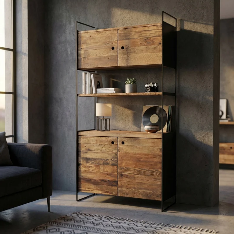 Mobile "Dennis" con 2 ripiani e 4 ante i legno di pino riciclato, 99 x 40 x 190 h cm