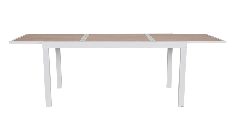 Tavolo "Hilija" struttura in alluminio verniciato a polvere piano effetto legno per arredo casa