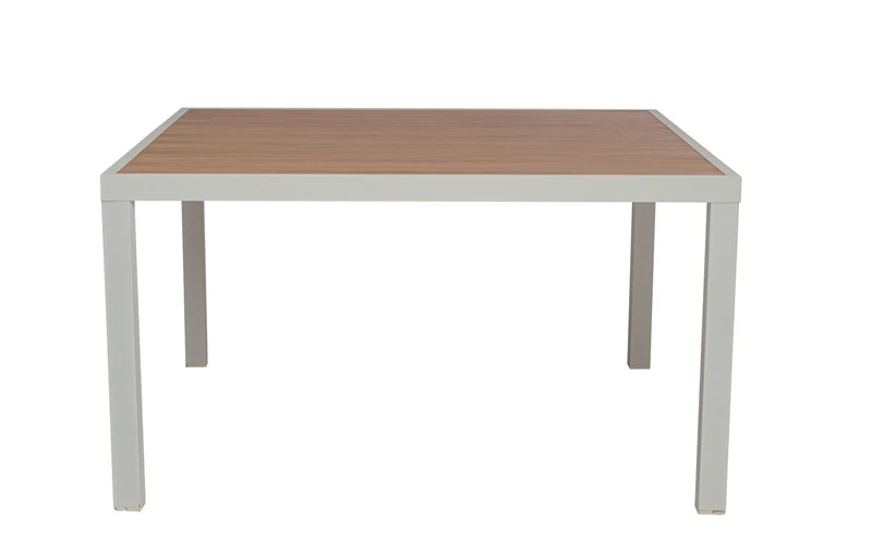 Tavolo "Hilija" struttura in alluminio verniciato a polvere piano effetto legno per arredo casa