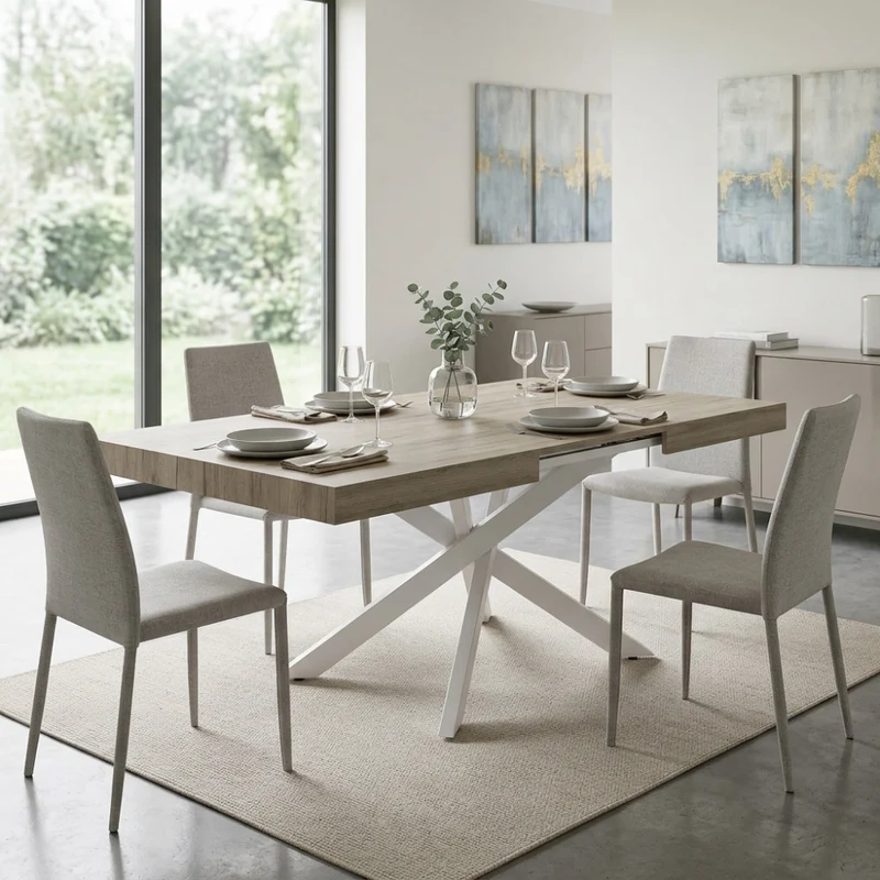 Tavolo da Pranzo Darren con Piano Effetto Legno e Struttura Bianca
