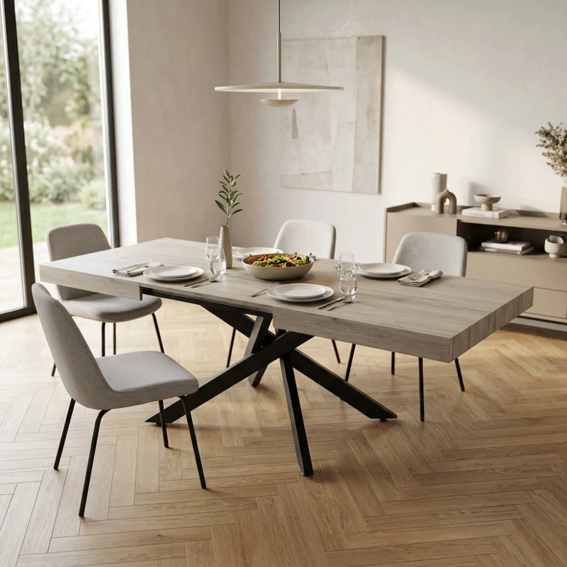 Tavolo Allungabile Darren con Venature Naturali e Struttura Nera