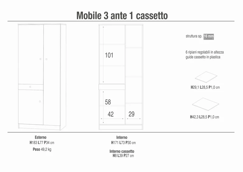 Mobile 3 Ante 1 Cassetto - Kit Eucalipto: Funzionalità e Stile Naturale per la Tua Casa by Albert