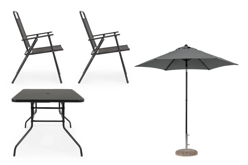 Set tavolo "Pompei" con sedie e ombrellone, in alluminio verniciato antracite, per esterno