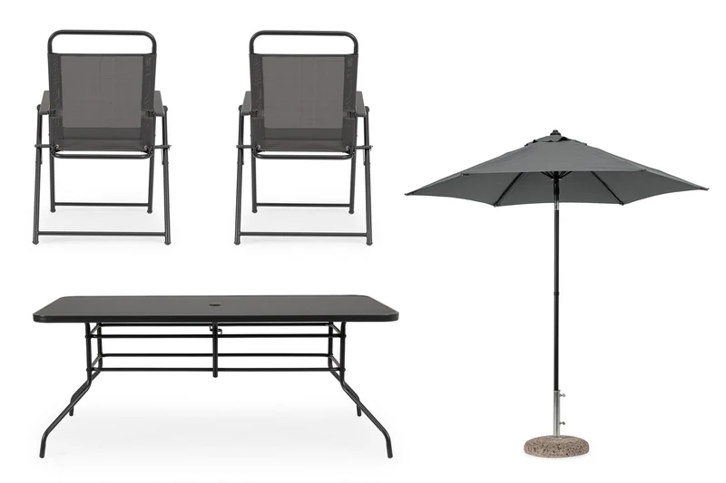 Set tavolo "Pompei" con sedie e ombrellone, in alluminio verniciato antracite, per esterno
