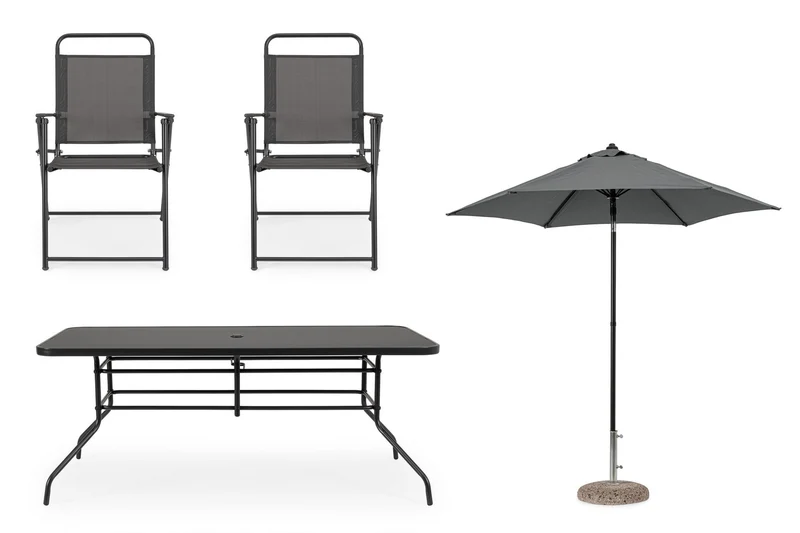 Set tavolo "Pompei" con sedie e ombrellone, in alluminio verniciato antracite, per esterno