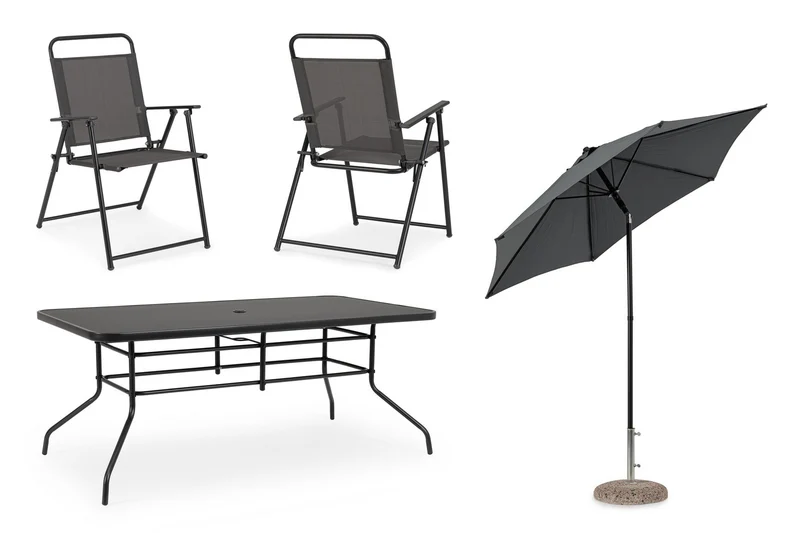 Set tavolo "Pompei" con sedie e ombrellone, in alluminio verniciato antracite, per esterno