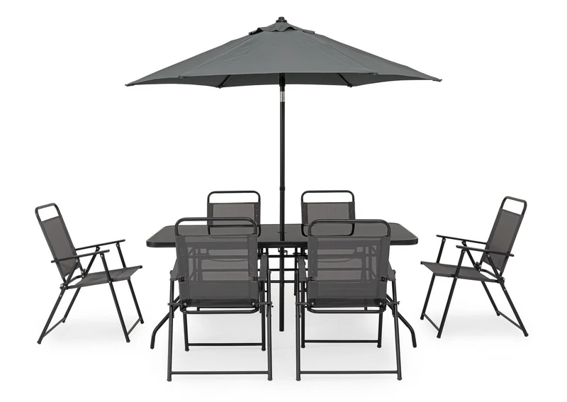 Set tavolo "Pompei" con sedie e ombrellone, in alluminio verniciato antracite, per esterno