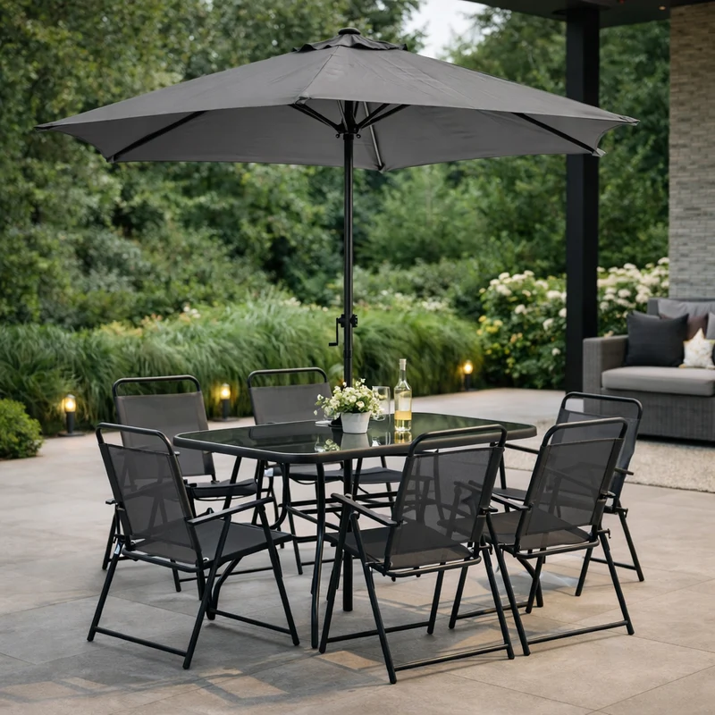 Set tavolo "Pompei" con sedie e ombrellone, in alluminio verniciato antracite, per esterno