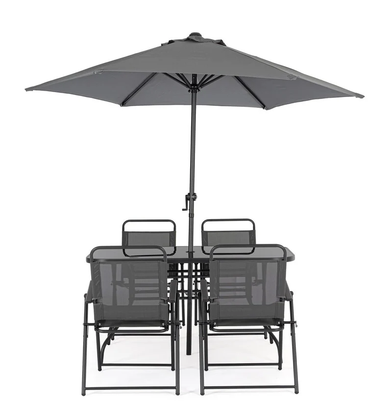 Set tavolo "Pompei" con sedie e ombrellone, in alluminio verniciato antracite, per esterno
