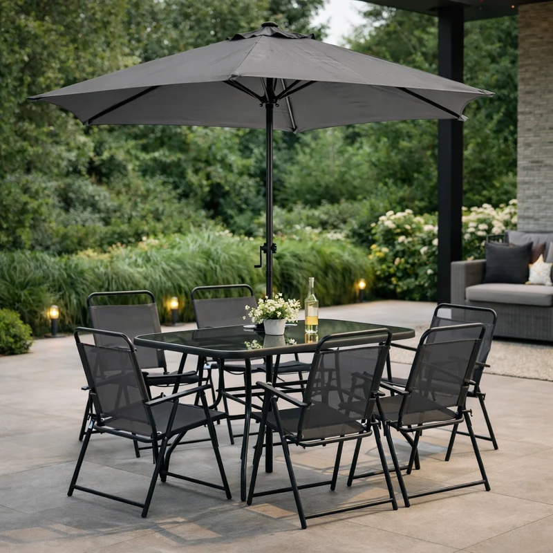 Set tavolo "Pompei" con sedie e ombrellone, in alluminio verniciato antracite, per esterno