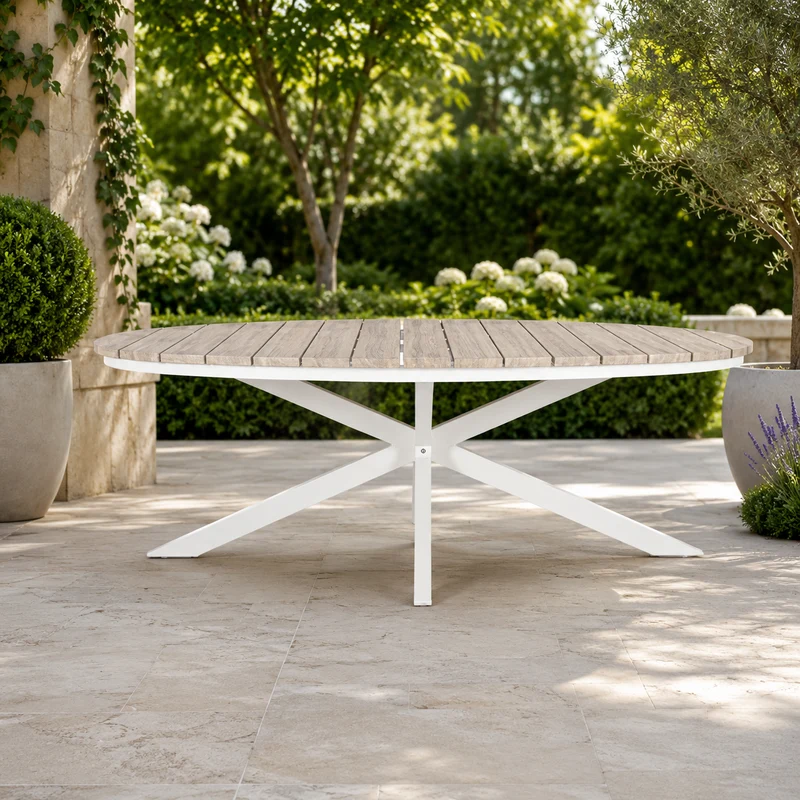 Tavolo da giardino ovale in alluminio con piano a doghe effetto legno – Zelmar bianco