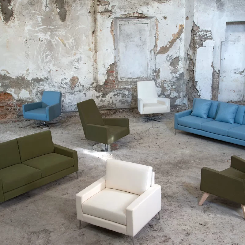 Boston Light Blue Armchair with Metal Swivel Base by Domingo Salotti