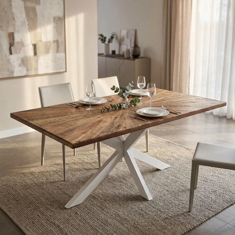 Tavolo da Pranzo Dannie in Legno Intarsiato e Metallo